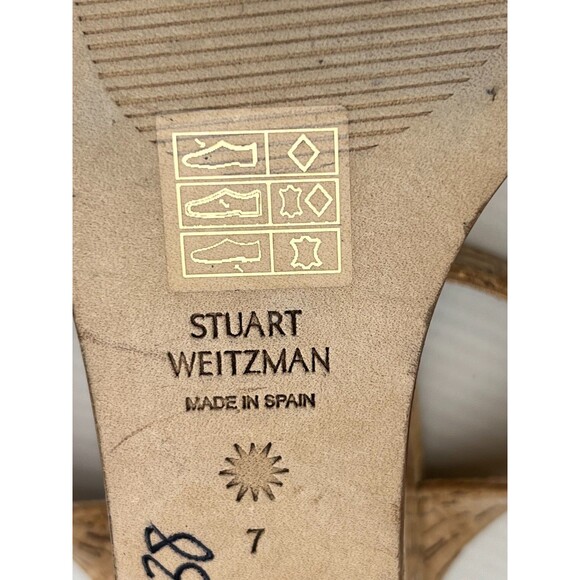 $450 STUART WEITZMAN Womens 7 Aleena Wedge Slide Sandal Patent Leather Cork Nude - Picture 10 of 11